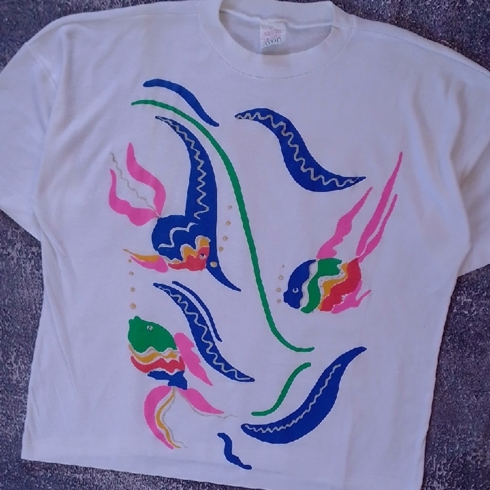 Vintage 90s AVON Swimming COLOURFUL FISH SINGLE STITCH T-SHIRT - Picture 3 of 10